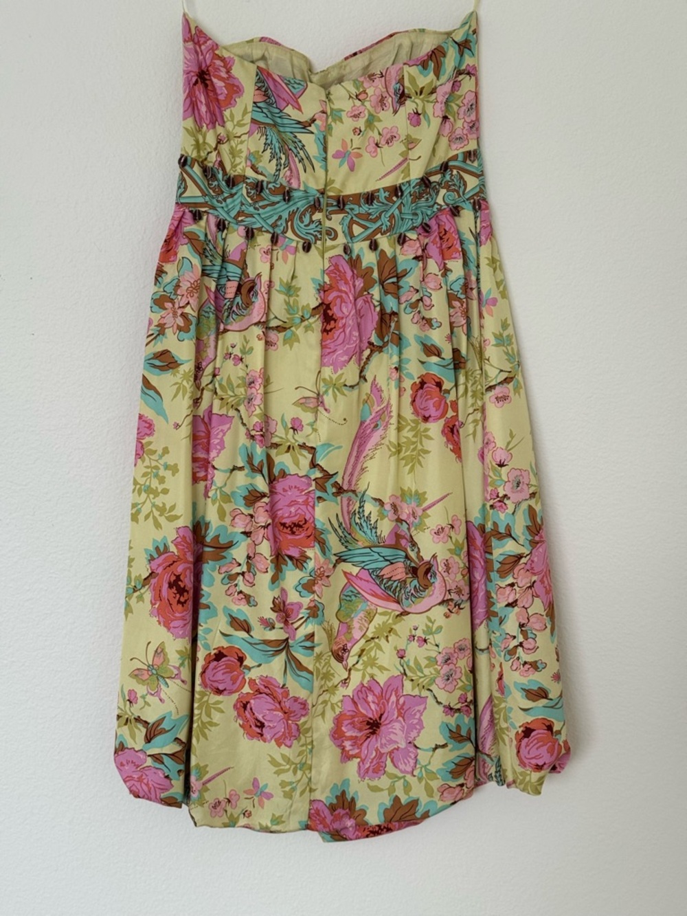 Plenty Strapless Silk Dress Floral Bird Print Yellow Pink Womens 4 Mini - Picture 8 of 14